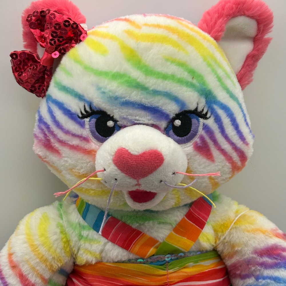 Build A Bear Rainbow Zebra Striped Cat Plush Pink Bow Outfit Clothes BAB - Picture 2 of 7